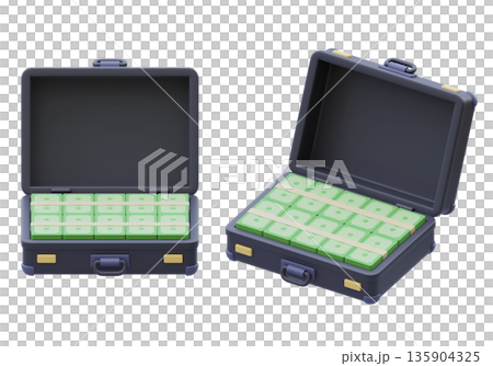 Open briefcase full of money bundles in 3D cartoon style Open briefcase full of money bundles in 3D cartoon style 135904325