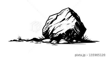 Black silhouette of a cobblestone on the ground with grass, without background. 135905120