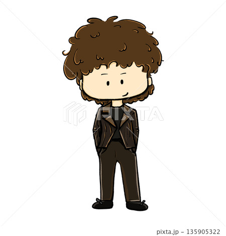 Curly hair man wearing leather jacket standing cartoon illustration 135905322