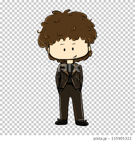 Curly hair man wearing leather jacket standing cartoon illustration 135905322