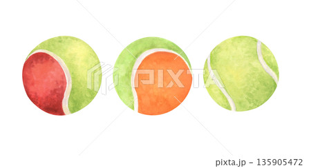 Three tennis balls stages red orange green watercolor 135905472