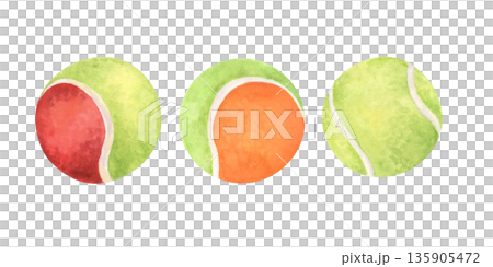 Three tennis balls stages red orange green watercolor 135905472