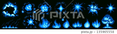 Retro 8-bit pixel explosion, vibrant blue fire Retro 8-bit pixel explosion, vibrant blue fire 135905558