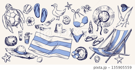Vintage beach sketch set with coastal icons Vintage beach sketch set with coastal icons 135905559