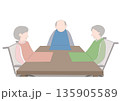 顔がない老人達が介護用エプロンを着けて配膳される食事を待っているカラーイラスト 135905589