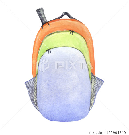 Orange blue tennis backpack with racket watercolor illustration Orange blue tennis backpack with racket watercolor illustration 135905840