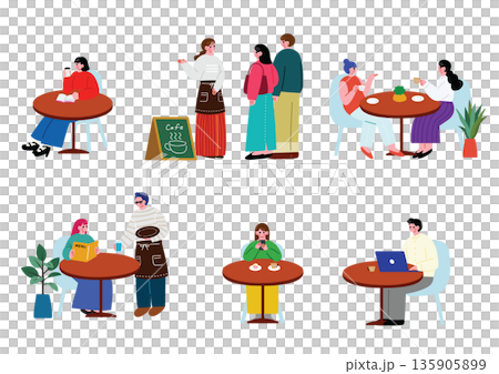 カフェで過ごす人々のイラストセット カフェで過ごす人々のイラストセット 135905899