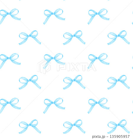 Coquette blue ribbon bow watercolor pattern seamless 135905957