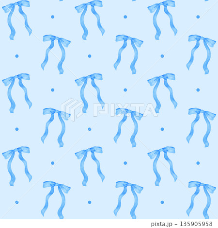 Watercolor coquette blue ribbon bow pattern seamless background Watercolor coquette blue ribbon bow pattern seamless background 135905958
