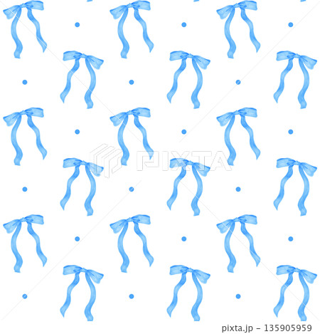Watercolor Coquette blue ribbon bow  pattern seamless 135905959