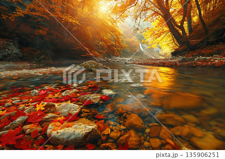 秋の川と紅葉 135906251