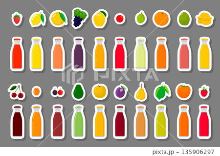 big kit glass bottles with caps filled liquid multicolored fruit juice 135906297