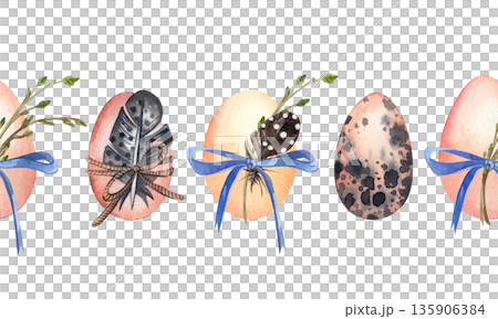 A seamless border of watercolor-painted Easter eggs with a ribbon, feather, and greenery. A hand-painted watercolor border for a spring holiday greeting card. Rustic decorative art. A seamless border of watercolor-painted Easter eggs with a ribbon, feather, and greenery. A hand-painted watercolor border for a spring holiday greeting card. Rustic decorative art. 135906384