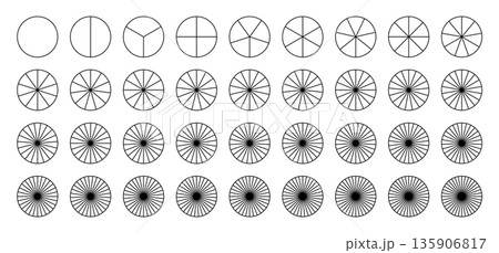 Sectors divide the circle on equal parts. Parts of diagram wheel from 1 to 36. Pie chart. Coaching blank template. Segmented charts. Outline black graphics. Pie charts, pizza chart. Sectors divide the circle on equal parts. Parts of diagram wheel from 1 to 36. Pie chart. Coaching blank template. Segmented charts. Outline black graphics. Pie charts, pizza chart. 135906817