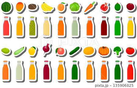 Big set glass bottles with caps filled liquid multicolored fruit juice 135906825