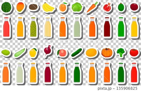 Big set glass bottles with caps filled liquid multicolored fruit juice 135906825