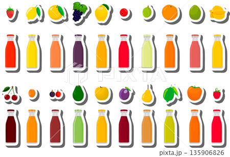 Big set glass bottles with caps filled liquid multicolored fruit juice Big set glass bottles with caps filled liquid multicolored fruit juice 135906826