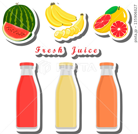 Set multicolored bottles with tasty grapefruit juice 135906827