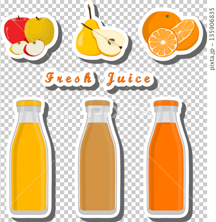 Set multicolored bottles with tasty pear juice 135906835