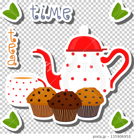 Teakettle for tasty tea with sweet dessert muffin 135906958