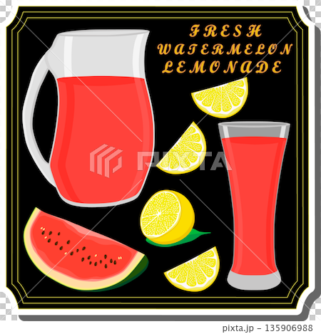 Tasty watermelon lemonade in glass jug Tasty watermelon lemonade in glass jug 135906988