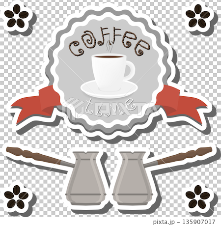 logo for white ceramic cup of hot coffee on saucer 135907017