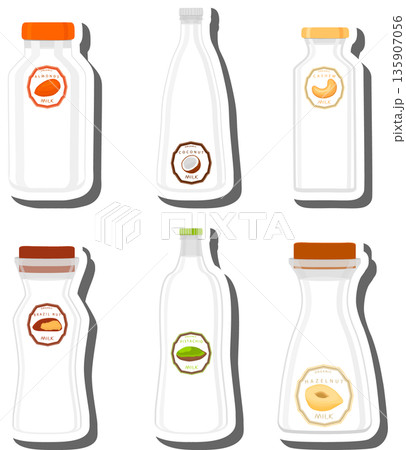 Big set different types chilled milk in bottles various size 135907056