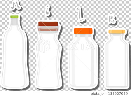 Big set different types chilled milk in bottles various size 135907059