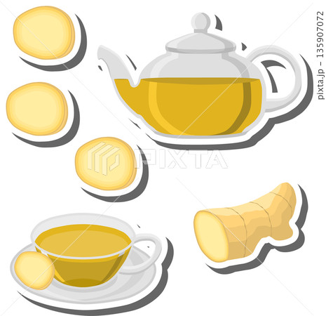 Teakettle for tasty tea with slice ginger 135907072