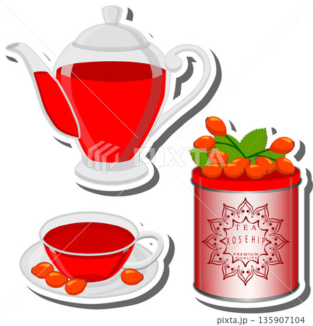 Teakettle for tasty tea with red berry rosehip 135907104