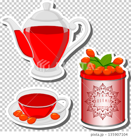 Teakettle for tasty tea with red berry rosehip 135907104