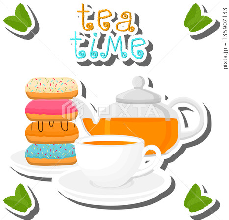 Teakettle for tasty tea with sweet dessert donut Teakettle for tasty tea with sweet dessert donut 135907133