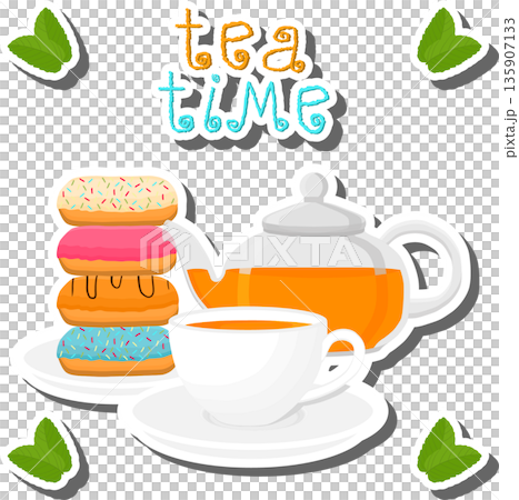 Teakettle for tasty tea with sweet dessert donut Teakettle for tasty tea with sweet dessert donut 135907133
