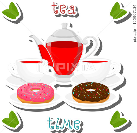 Teakettle for tasty tea with sweet dessert donut Teakettle for tasty tea with sweet dessert donut 135907134