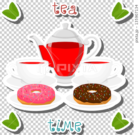 Teakettle for tasty tea with sweet dessert donut Teakettle for tasty tea with sweet dessert donut 135907134