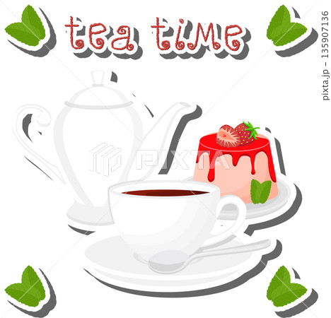 Teakettle for tasty tea with sweet dessert cheesecake 135907136