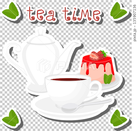 Teakettle for tasty tea with sweet dessert cheesecake 135907136