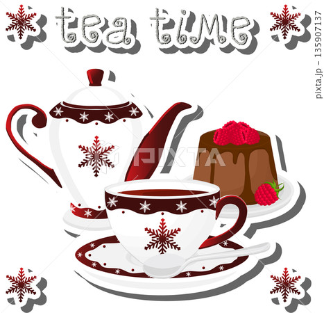 Teakettle for tasty tea with sweet dessert cheesecake, Teakettle for tasty tea with sweet dessert cheesecake, 135907137