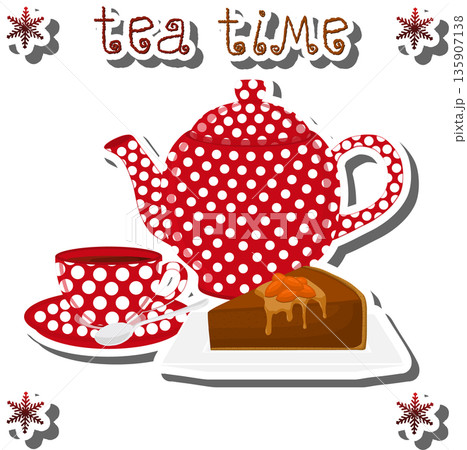 Teakettle for tasty tea with sweet dessert cheesecake, Teakettle for tasty tea with sweet dessert cheesecake, 135907138