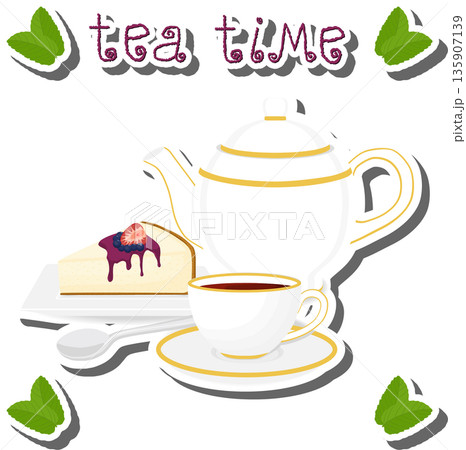 Teakettle for tasty tea with sweet dessert cheesecake, 135907139