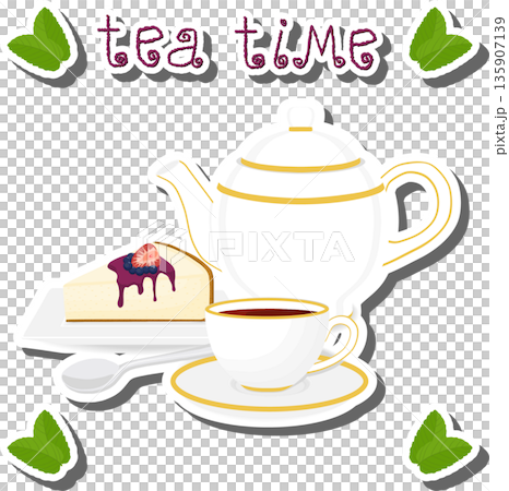 Teakettle for tasty tea with sweet dessert cheesecake, 135907139