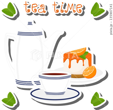 Teakettle for tasty tea with sweet dessert cheesecake, 135907141