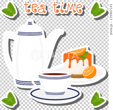 Teakettle for tasty tea with sweet dessert cheesecake, 135907141