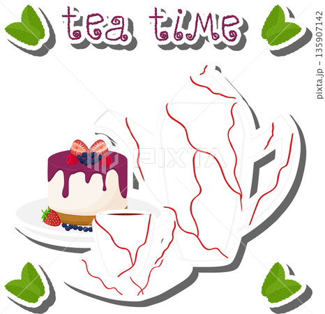 Teakettle for tasty tea with sweet dessert cheesecake, 135907142