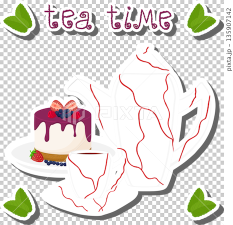 Teakettle for tasty tea with sweet dessert cheesecake, 135907142
