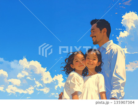 青空と家族 子供二人と父親 青空と家族 子供二人と父親 135907304