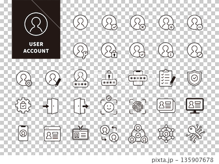 Monochrome line icon set representing user management and account authentication 135907678