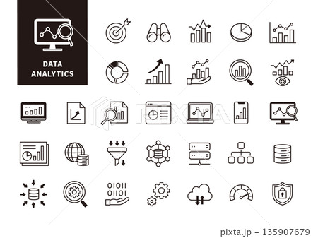 データ分析・統計・可視化を表現したモノクロビジネスアイコンセット 135907679