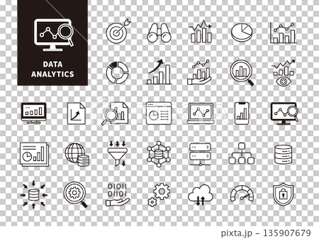データ分析・統計・可視化を表現したモノクロビジネスアイコンセット 135907679