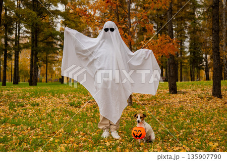 Woman in white sheet and jack russell terrier dog holding jack o latrine in autumn forest. Halloween costume. Woman in white sheet and jack russell terrier dog holding jack o latrine in autumn forest. Halloween costume. 135907790
